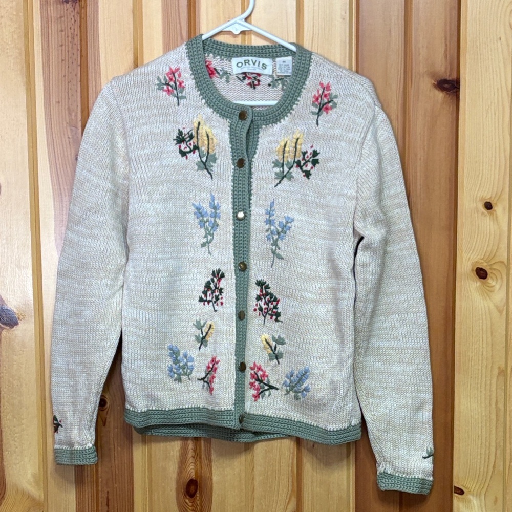 Orvis Women's Embroidered Cardigan - Cream and Green